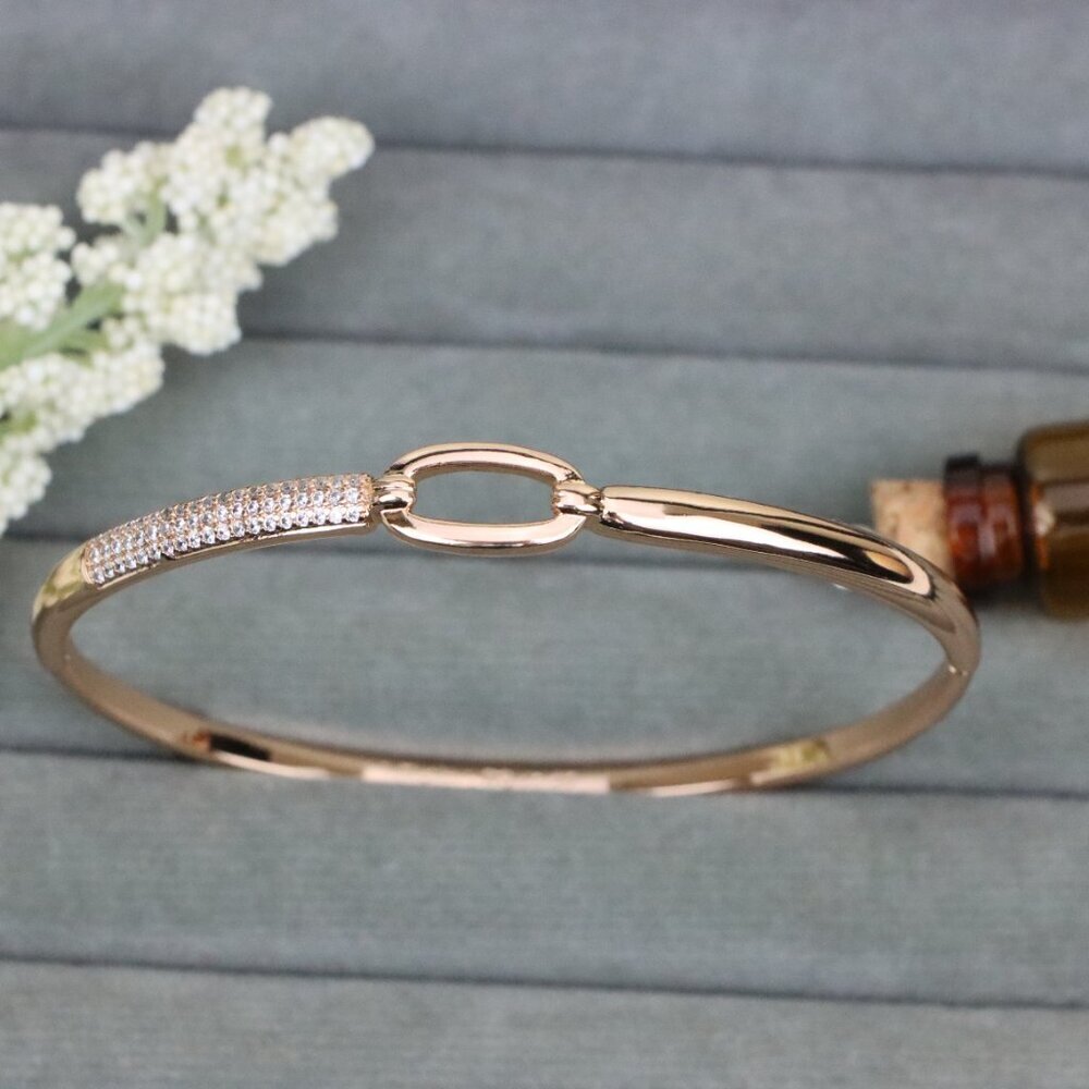 Rose Gold Plated Bangle with Open Link Center & Pave Accent, XPBL0550